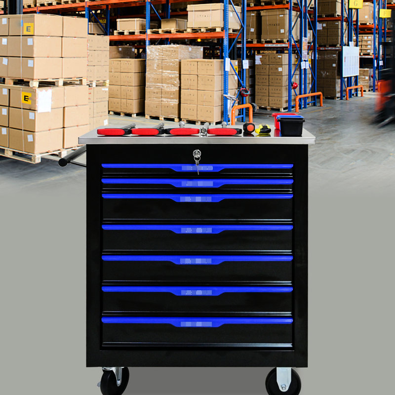 Chariot de garage portatif 7 tiroirs - noir + bleu, acier, rangement verrouillable, comptoirs en acier inoxydable, boîte de rangement mobile 4 po 7 po, bleu, construction, compartiments à clés, 2 freins