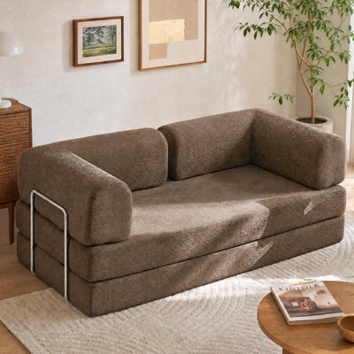 Canapé modulaire en U à compression en tissu velours côtelé, plateforme carrée avec structure en métal, canapé-lit de plancher à structure fixe, siège de salon avec accoudoirs (brun 70,8 pouces)
