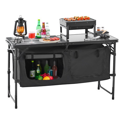 Table de cuisine de camping, table de cuisson extérieure pliante, 3 hauteurs réglables, station de cuisson portable légère en aluminium avec organisateur de rangement, poignée de transport, pour barbecue, pique-nique, voyage en véhicule récréatif, noir