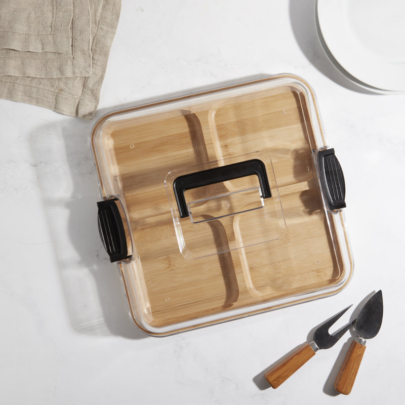 Denmark Tools for Cooks 4-Section Bamboo Charcuterie Board with Locking Plastic Lid and Handle