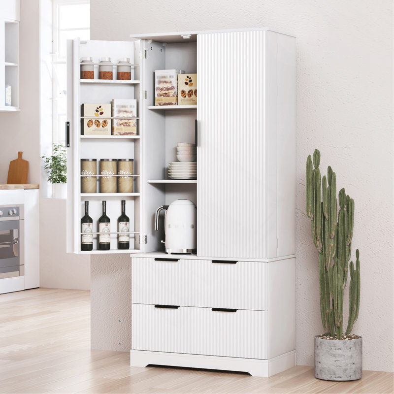 Garde-manger cannelé 72 po avec 2 grands tiroirs et support à épices 8 portes, Blanc