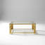 Table basse rectangulaire moderne en verre avec structure asymétrique en métal et tablette de rangement inférieure