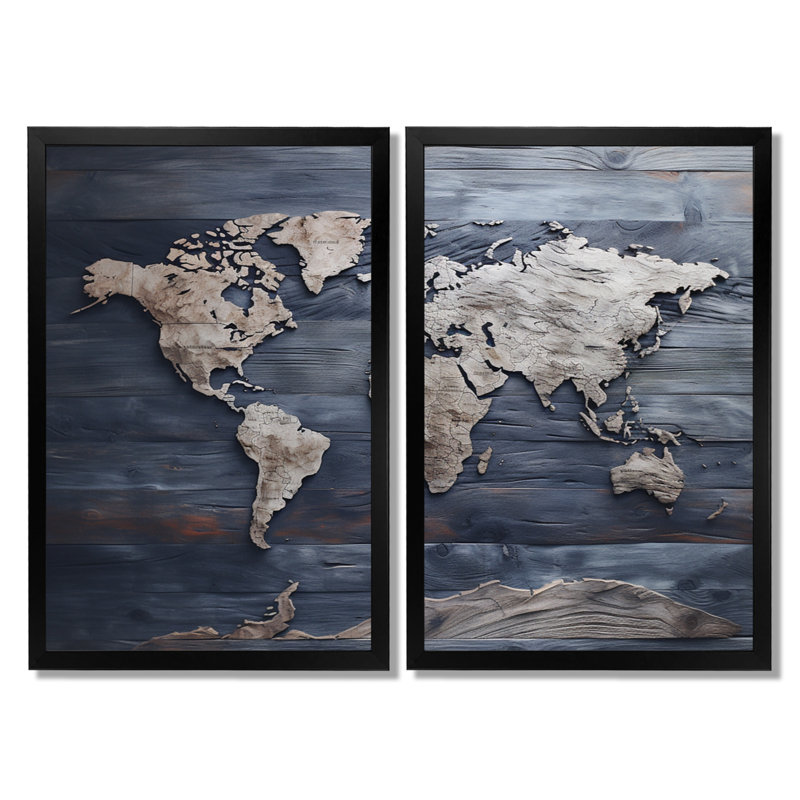 Rustic Route World Map - Art mural encadré carte du monde, carte bleue, ensemble de 2 impressions sur toile, Noir