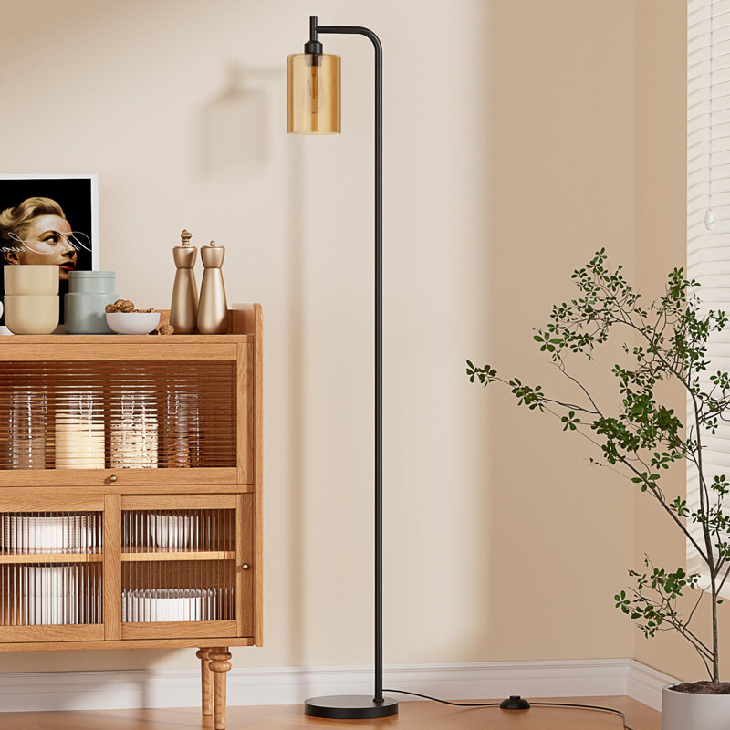 Floor Lamps For Living Room - Industrial Standing Lamp With Glass Shade, Modern Floor Lamp With Led Bulbs, Amber, Black