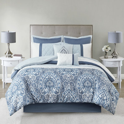 Édredon 8 pièces pour très grand lit, courtepointe à imprimé bleu, coussins de broderie, lavable en machine, lavable