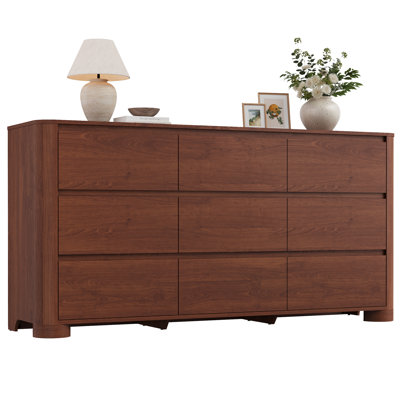 Commode en noyer pour chambre à coucher, 9 tiroirs, 160 cm de large, style moderne avec pieds épais uniques et coins arrondis, meuble de rangement en bois pour chambre à coucher, salon ou entrée.