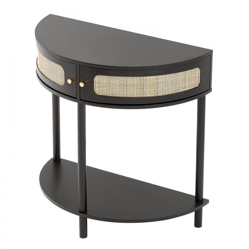 Half-moon Rattan Console Table 2 Storage Drawers 31.88x15.74x32.28inch Rattan Sliding Door Black, Rattan Entryway Table with Storage