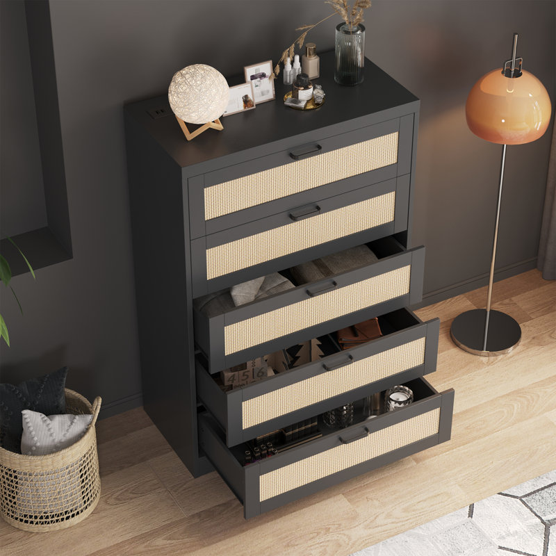 Commode 5 tiroirs en rotin, commode en bois avec plateau large, Noir