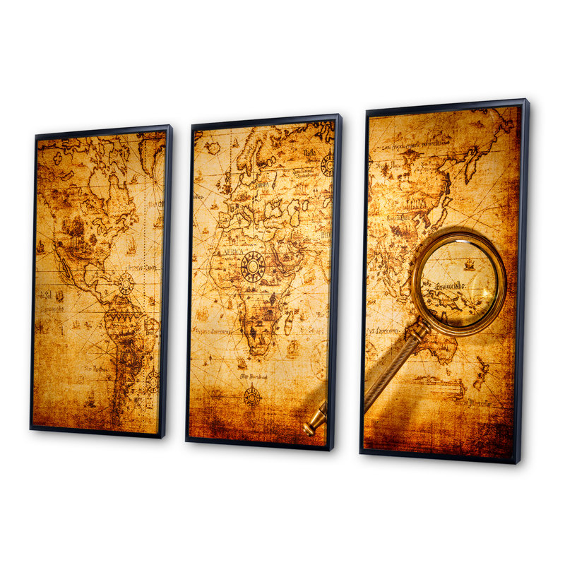 Loupe sur carte du monde - cartes et drapeaux, ensemble de 3 toiles encadrées, H 20 po x l 36 po x P 1 po, Cadre noir