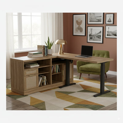 L-Shaped Executive Desk with Reversible Rattan File Cabinets Office Set, Adjustable Standing Desk