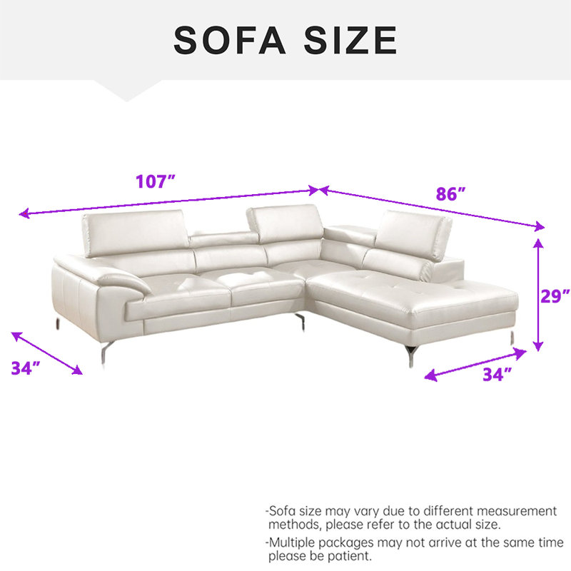 2 - Piece Sectional Couch Set,Faux Leather Sectional Sofa with Adjustable Function, White Faux Leather