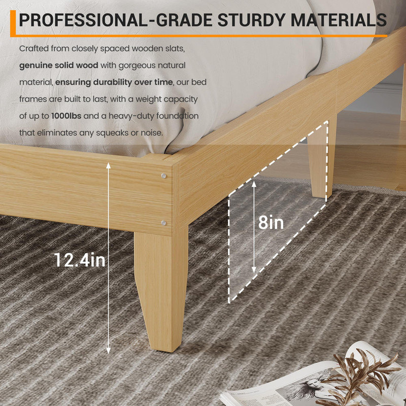 Structure de lit double avec tête de lit en rotin, lumières DEL et support à lattes, finition chêne, assemblage facile