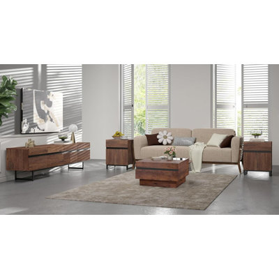 Nellie Modern Living Room Table Sets Of 4, 70 Inch TV Stand, 1 Square Coffee Table With Tempered Glass Top,And 2 End Table, Entertainment Center, Cons by Latitude Run