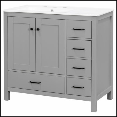 36-Inch Modern Bathroom Vanity With Ceramic Sink, Ample Storage, And Soft-Close Doors For Elegant And Functional Design