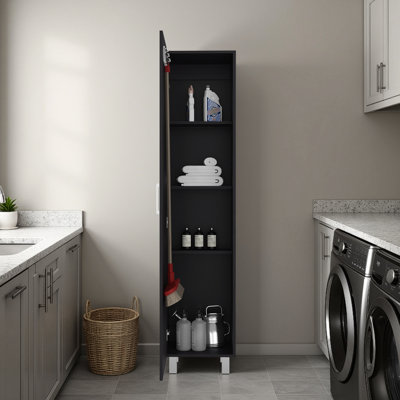 Freestanding Storage Cabinet With Enclosed Shelving, 4 Interior Shelves, Metal Legs, Black Particle Board For Living And Utility Spaces Modern Tall Single Door, Functional Top Room
