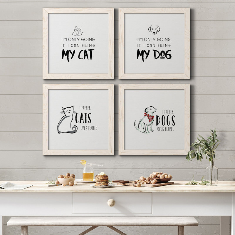Bring My Cat - ensemble de 4 pièces d'art textuel sur toile, H 17 po x l 34 po x P 1,5 po, Toile avec cadre blanc