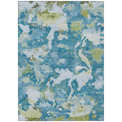 Tapis extérieur lavable abstrait bleu et vert olive 5 pi x 8 pi