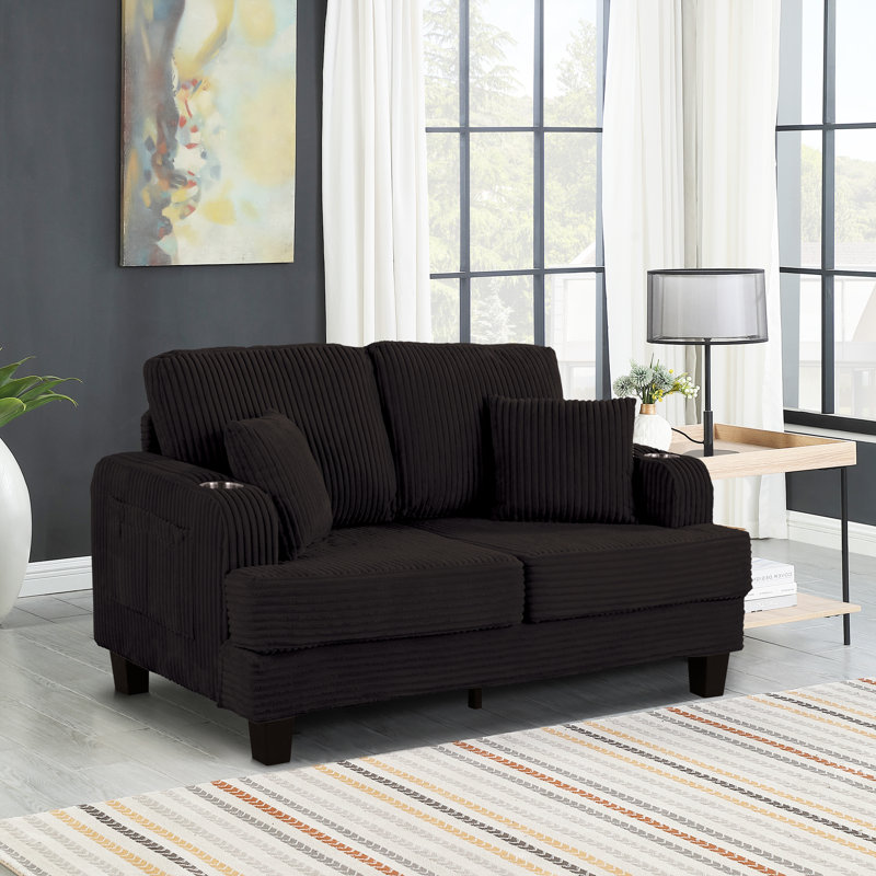60" Wide Square Arms Upholstered Loveseat with Cup Holders and Pockets, Black Corduroy