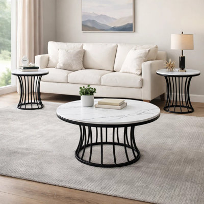 Haly 3Pc Coffee And End Table Set, White Faux Marble Top, Black Cage Base by Benjara