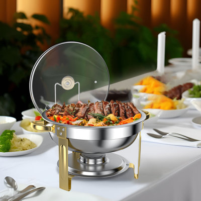  5QT Round Stainless Steel Food Warmer with Glass Lid, Half-Gold Plated with Hanging Rack (1 Piece) (1* Lid, 1* Half-Gold Plated Rack, 1* Shallow Pan,1* Gold 9-Inch Plum Blossom Food Tong)