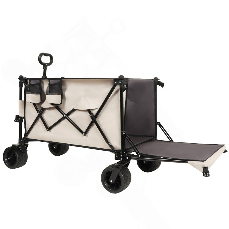 Wagon pliable avec hayon rallongé, wagon à rallonge extra long, chariot de plage robuste, poids lourd de 480 lb avec de grandes roues de plage tout terrain, gris kaki