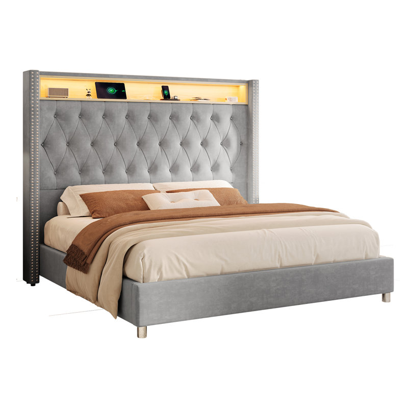 Ashaya Upholstered Wingback Storage Bed, King, Gray