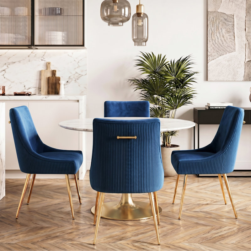 Velvet Upholstered Side Chair With Gold Legs , Blue, Gold
