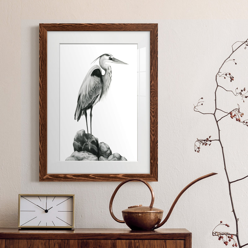 Shoreline Heron In B&W I - Peinture encadrée, H 24 po x l 20 po x P 1 po, Érable