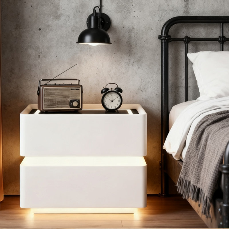 2-drawer Modern Smart Nightstand With Led Lighting And Wireless Charging, White