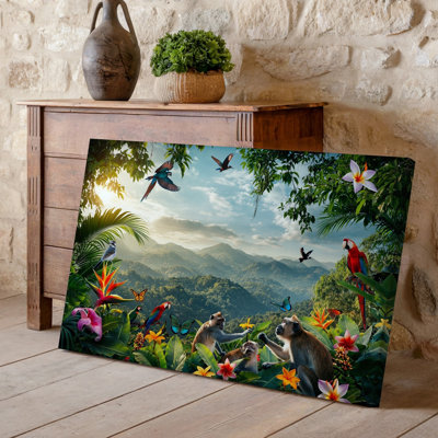 Canvas A Vibrant Jungle Scene Filled With Lush Greenery And Colorful Wall Art Wildlife Featuring Playful Monkeys In The Foreground Canvas Wall Art