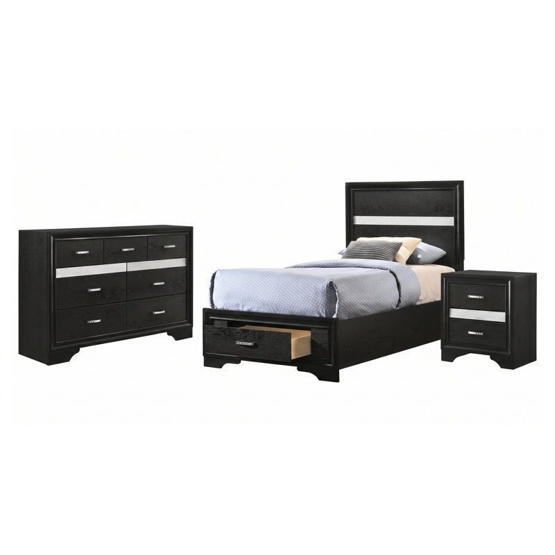 Ensemble de chambre à coucher Isadora noir pour lit simple, comprenant un lit avec panneau de rangement, une commode et une table de chevet.