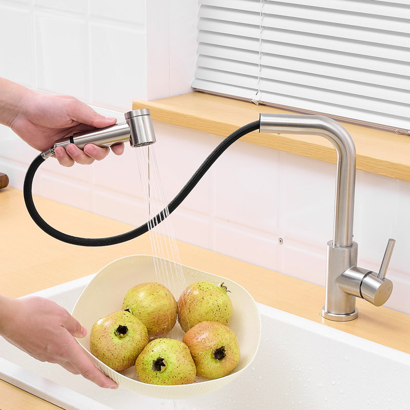 Robinet d'évier contemporain avec bec rétractable, finition nickel brossé, acier inoxydable, douchette en céramique pour cuisine, nickel
