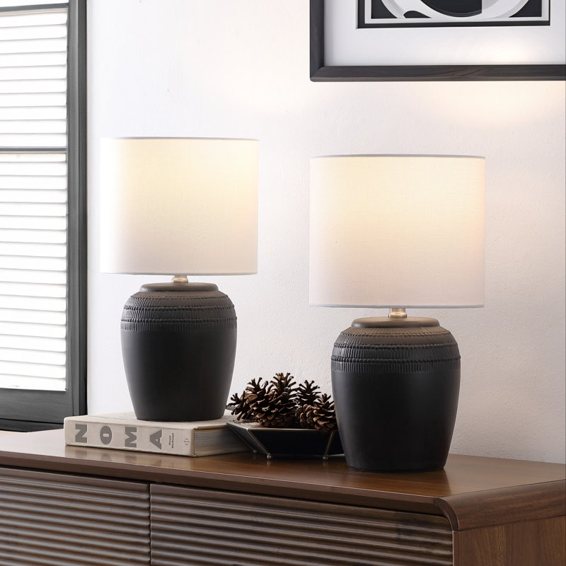 Hugo 16.75" Traditional Rustic Reeded Ceramic Vase LED Table Lamp, Black/Nickel