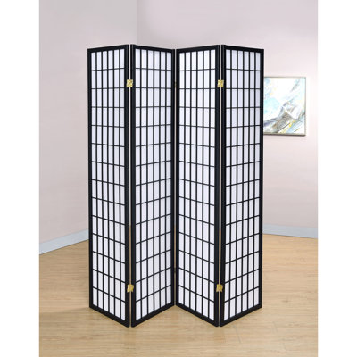 Paravent pliant 4 panneaux, noir, bois d'hévéa et papier blanc, 175 cm de hauteur, 177 cm de large, pour une finition élégante et douce, solution pratique pour la chambre