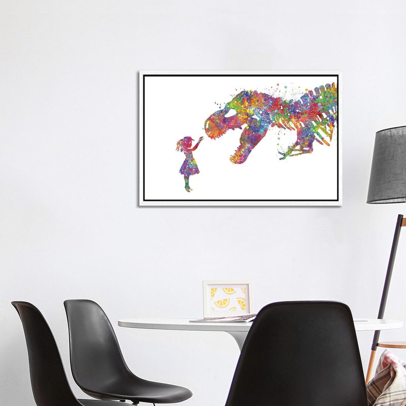 T-Rex And Girl by Genefy Art - Print on Canvas, White Framed, 66.04cm H x 101.6cm W x 3.81cm D
