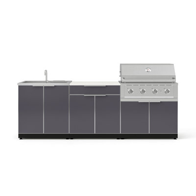 Ensemble d'armoires d'extérieur 5 pièces en aluminium gris ardoise avec bar, gril, évier, gril au propane liquide 36 po et plateau blanc 32 po Dekton