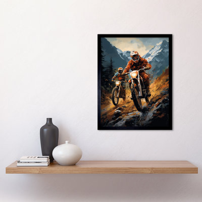 Motocross Bikers Racing Action Shot Blue Orange Mountain 1 Piece Single Picture Frame Wall Art