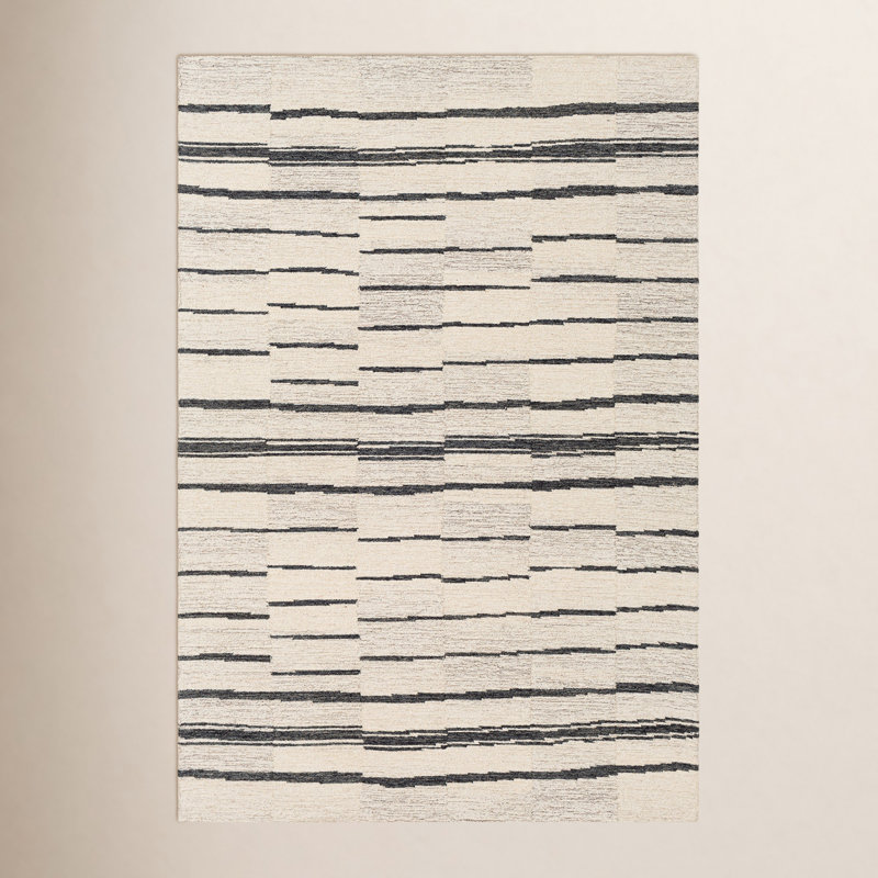 Rune Striped Handmade Tufted Wool Area Rug in Beige/Charcoal, Rectangle 8'10" x 12'
