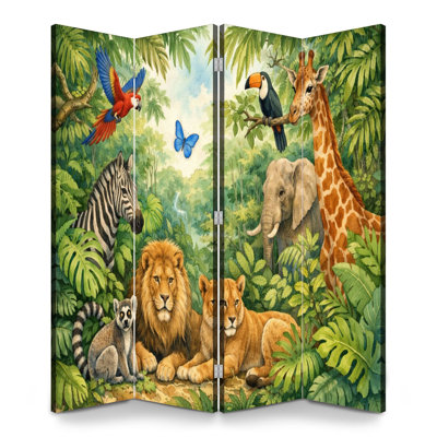 4 panneaux paravents pliant paravent Royal Tropical Jungle girafe zèbre lions éléphant feuillage pépinière toile séparateur de pièce autoportant cloison de protection cloison d'intimité