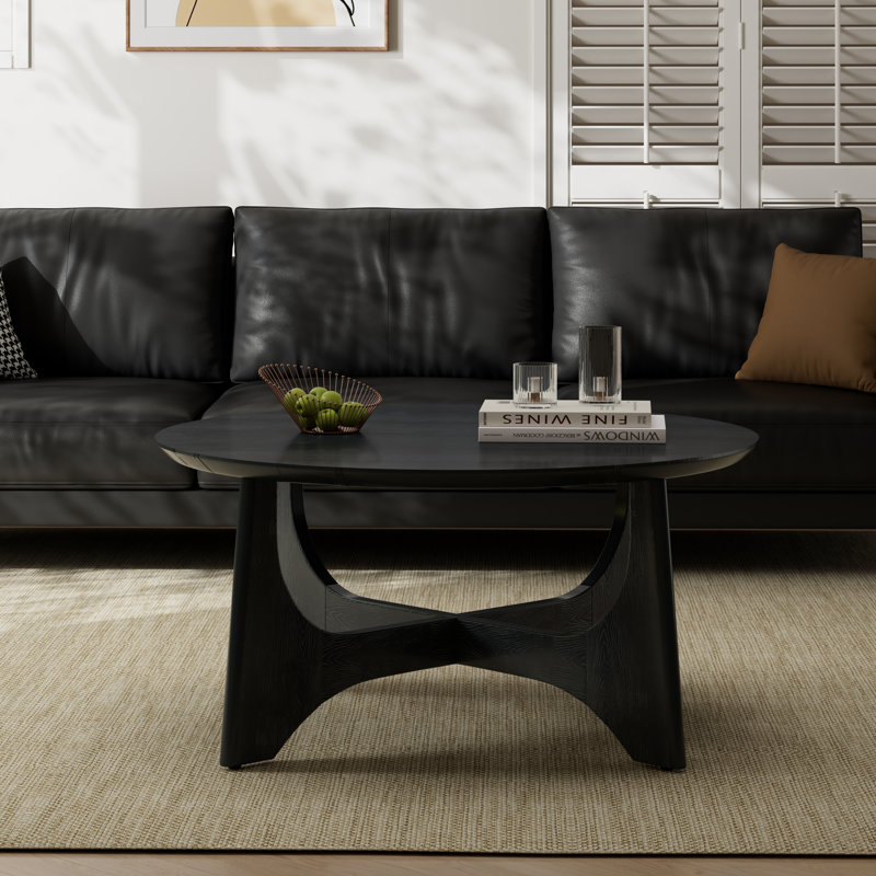 Modern Black Round Coffee Table with X-Shaped Cross Base, Solid Wood Circular Center Table for Living Room, Minimalist Accent Table for Apartment & Small Space
