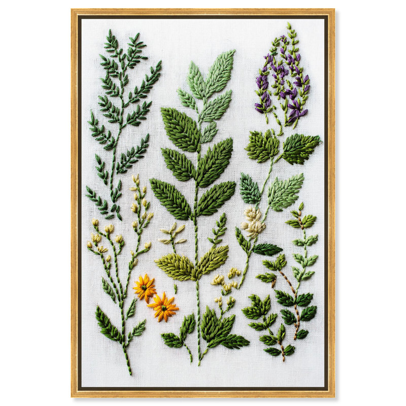 Impression de broderie florale sur toile à treillis filetée par Art Remedy, 55" H x 37" W, Cadre doré