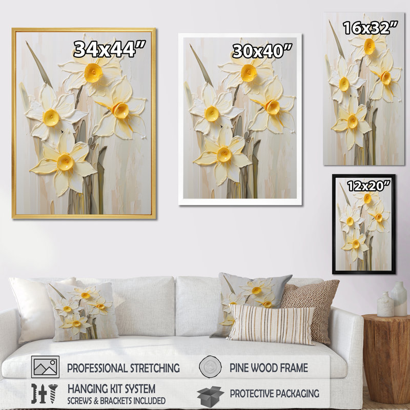 Minimalisme crème, jonquilles sur toile, Toile tendue, H 40 po x l 30 po x P 1,5 po