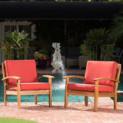 Fauteuils club en bois avec assise profonde et coussins épais, couleurs variées, parfaits pour le jardin, 71 cm x 82 cm de large, 77 cm de hauteur, assemblage requis.