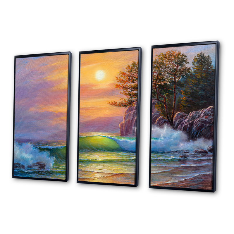 «Morning Sun on Sea Waves» par les pins - ensemble d'art mural encadré nautique et côtier sur 3, H 20 po x l 36 po x P 1 po
