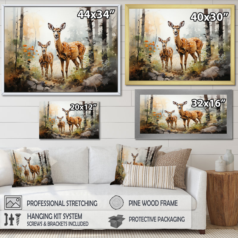 Deers Whispering Woods II, reproduction d'art sur toile, Toile avec cadre photo noir simple, H 16 po x l 32 po x P 1 po