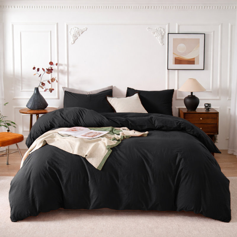 3-Piece Dyed Duvet Cover Set With Pillowcases, Single Duvet Cover + 2 Standard Pillowcases, Black