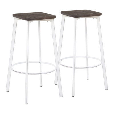 Square Barstool In Vintage White Metal And Espresso Wood-Pressed Grain Bamboo - Set Of 2