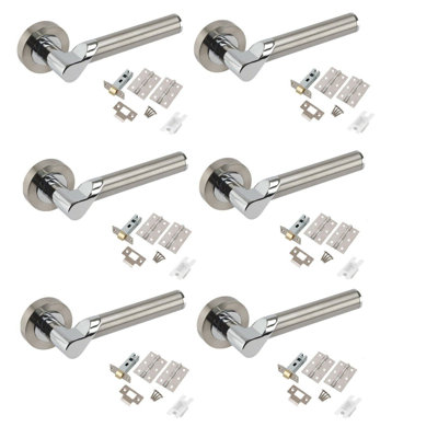  6 Sets Titan Style Modern Lever Door Handles on Round Rose in Duo Finish with Hinges & Latches