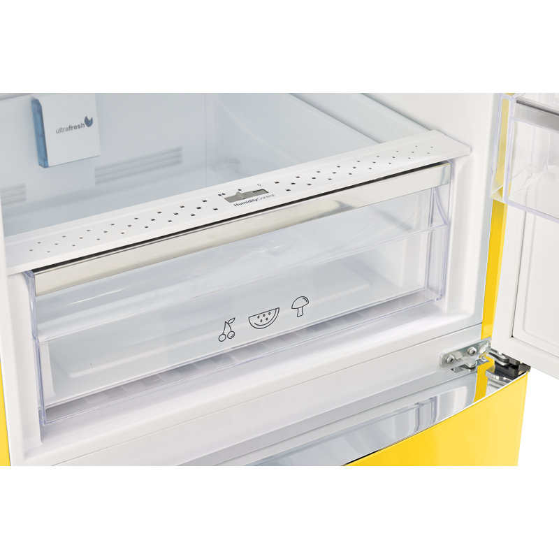 Canary Yellow Retro Bottom Freezer Refrigerator with Chrome Handles