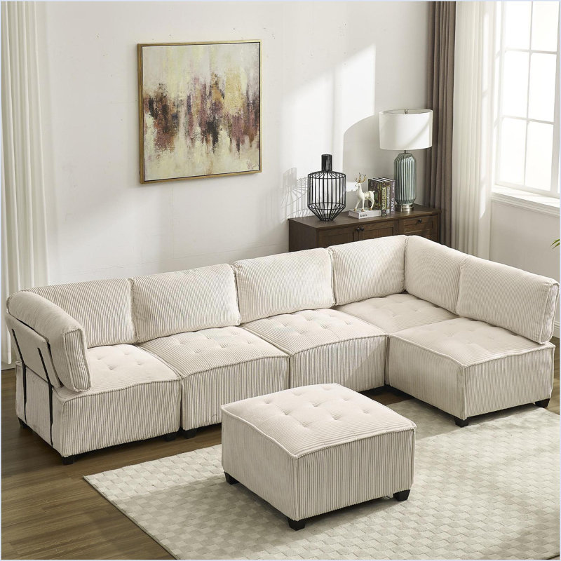 Sectional Sofas 6-Seat Convertible Modular Couch with Reversible Chaise for Living Room | Beige | Corduroy, Beige Corduroy